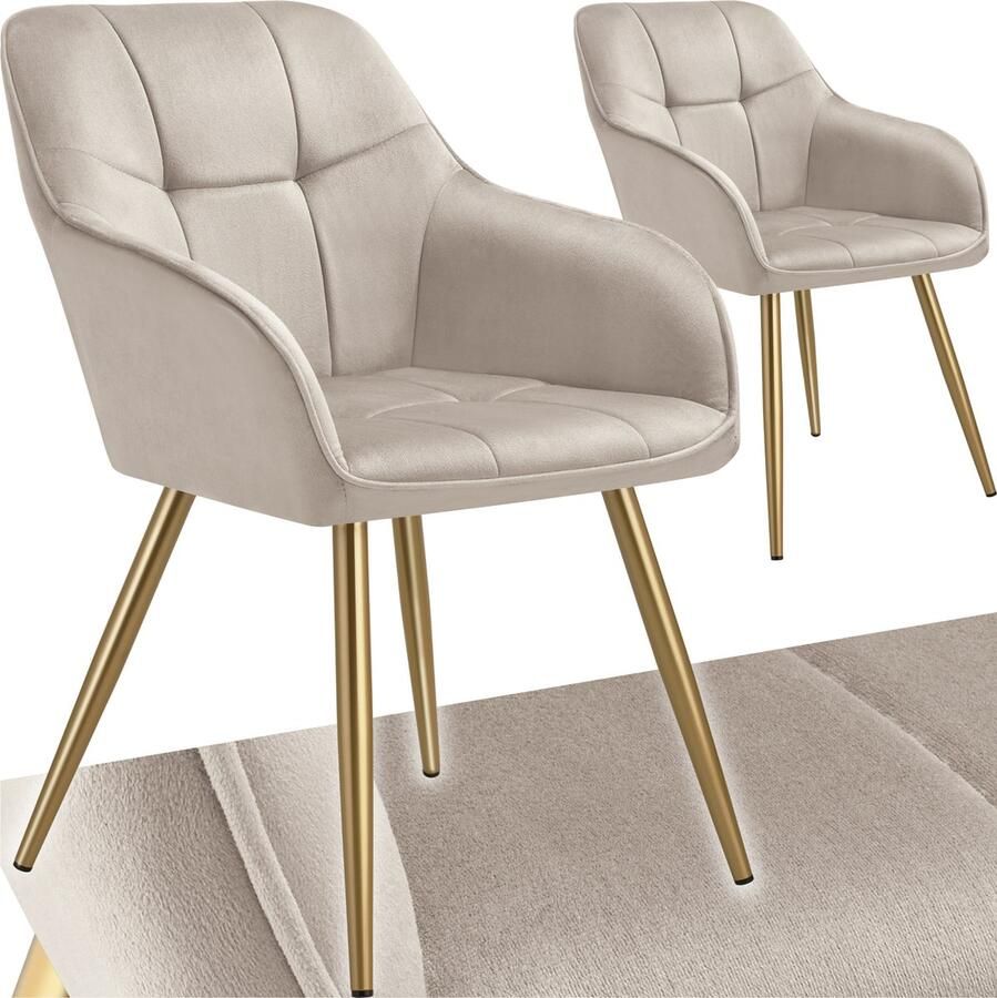 Tectake Eetkamerstoelen Marilyn Set van 2 Gestoffeerde Stoel in Fluweellook Gecaptioneerd Zwarte Stoelpoten Ergonomische Keukenstoel Doorlopende Rugleuning en Armleuningen Stoel voor Woonkamer Eetkamer Slaapkamer Taupe