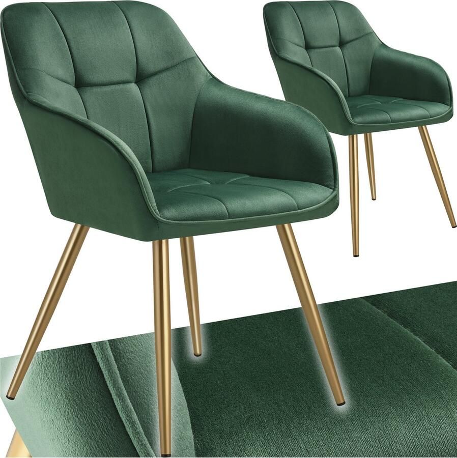 Tectake Eetkamerstoelen Marilyn Set van 2 Gestoffeerde Stoel in Fluweellook Gecaptioneerd Zwarte Stoelpoten Ergonomische Keukenstoel Doorlopende Rugleuning en Armleuningen Stoel voor Woonkamer Eetkamer Slaapkamer Groen