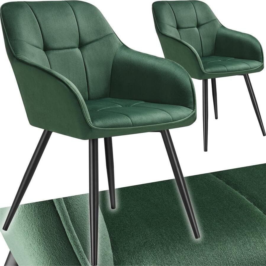 Tectake Eetkamerstoelen Marilyn Set van 2 Gestoffeerde Stoel in Fluweellook Stikpatroon Zwarte Stoelpoten Ergonomische Keukenstoel Doorlopende Rugleuning en Armleuningen Stoel voor Woonkamer Eetkamer Slaapkamer Donkergroen