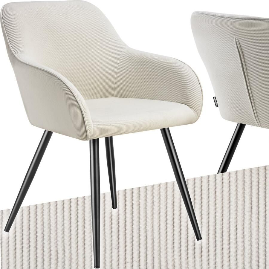 Tectake Eetkamerstoelen Marilyn Set van 2 Gestoffeerde Stoelen met Koordlook ribstof Zwarte Stoelpoten Ergonomische Keukenstoel Stoel voor Eetkamer Woonkamer Slaapkamer Creme