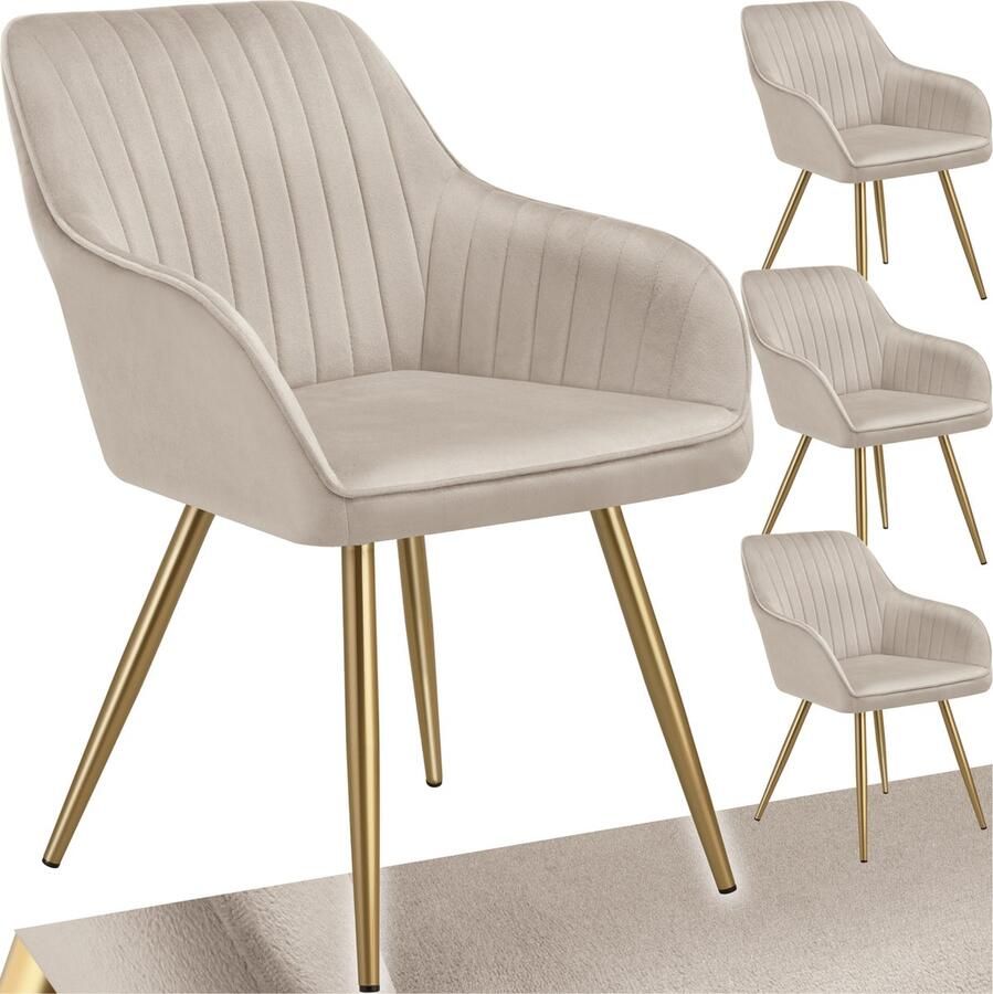 Tectake Eetkamerstoelen Marilyn Set van 4 Gestoffeerde Stoel in Fluweellook Doorgestikt Zwarte Stoelpoten Ergonomische Keukenstoel Doorlopende Rugleuning en Armleuningen Stoel voor Woonkamer Eetkamer Slaapkamer Taupe