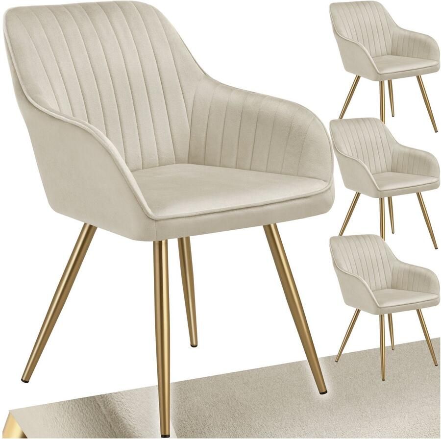 Tectake Eetkamerstoelen Marilyn Set van 4 Gestoffeerde Stoel in Fluweellook Doorgestikt Zwarte Stoelpoten Ergonomische Keukenstoel Doorlopende Rugleuning en Armleuningen Stoel voor Woonkamer Eetkamer Slaapkamer Creme - Foto 2