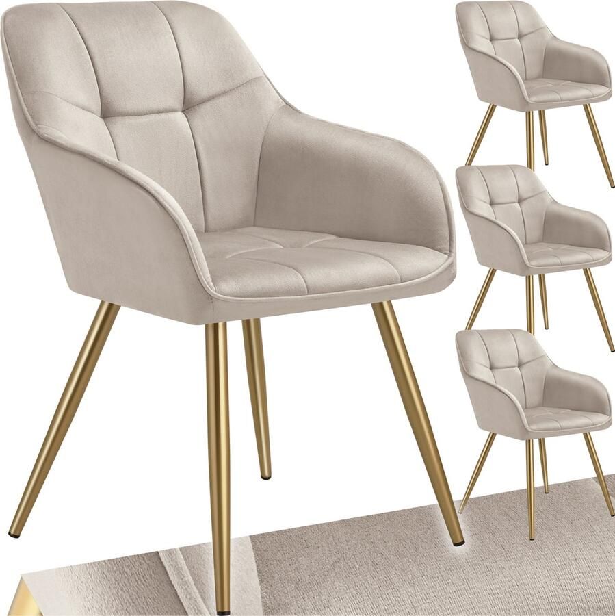 Tectake Eetkamerstoelen Marilyn Set van 4 Gestoffeerde Stoel in Fluweellook Gecaptioneerd Zwarte Stoelpoten Ergonomische Keukenstoel Doorlopende Rugleuning en Armleuningen Stoel voor Woonkamer Eetkamer Slaapkamer Taupe