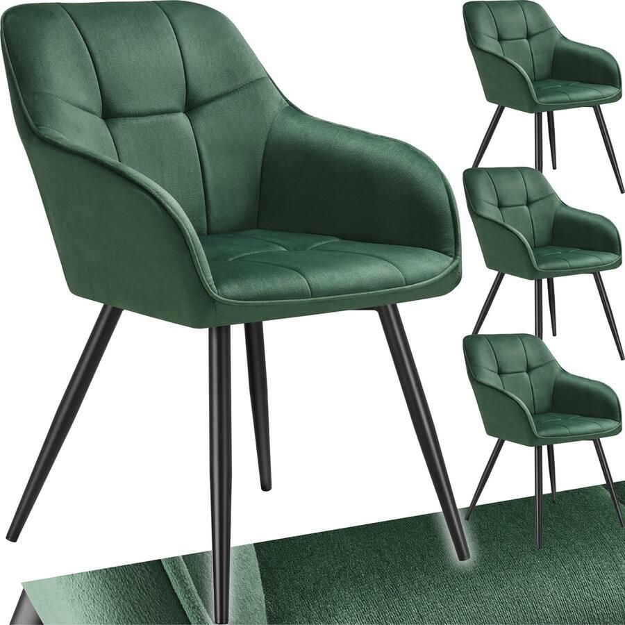 Tectake Eetkamerstoelen Marilyn Set van 4 Gestoffeerde Stoel in Fluweellook Stikpatroon Zwarte Stoelpoten Ergonomische Keukenstoel Doorlopende Rugleuning en Armleuningen Stoel voor Woonkamer Eetkamer Slaapkamer Donkergroen