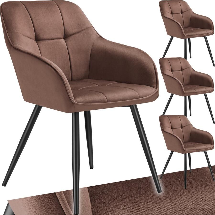 Tectake Eetkamerstoelen Marilyn Set van 4 Gestoffeerde Stoel in Fluweellook Stikpatroon Zwarte Stoelpoten Ergonomische Keukenstoel Doorlopende Rugleuning en Armleuningen Stoel voor Woonkamer Eetkamer Slaapkamer Bruin