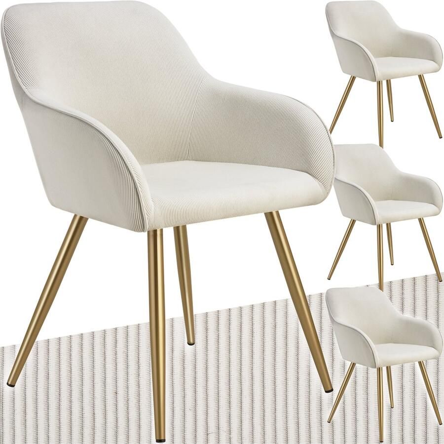 Tectake Eetkamerstoelen Marilyn Set van 4 Gestoffeerde Stoelen met Koordlook ribstof Gouden Stoelpoten Ergonomische Keukenstoel Stoel voor Eetkamer Woonkamer Slaapkamer Creme