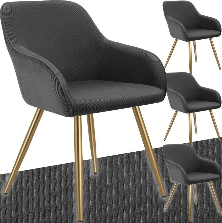 Tectake Eetkamerstoelen Marilyn Set van 4 Gestoffeerde Stoelen met Koordlook ribstof Gouden Stoelpoten Ergonomische Keukenstoel Stoel voor Eetkamer Woonkamer Slaapkamer Antraciet