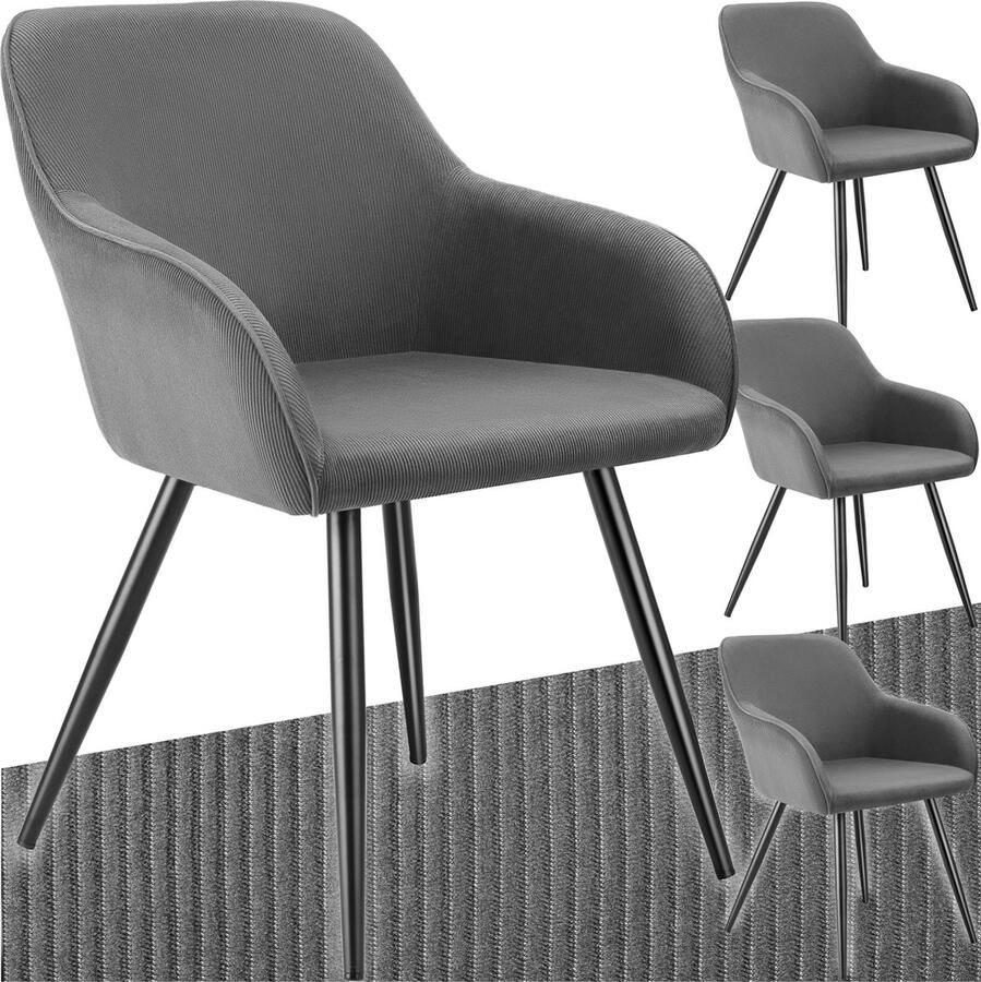 Tectake Eetkamerstoelen Marilyn Set van 4 Gestoffeerde Stoelen met Koordlook ribstof Zwarte Stoelpoten Ergonomische Keukenstoel Stoel voor Eetkamer Woonkamer Slaapkamer Grijs
