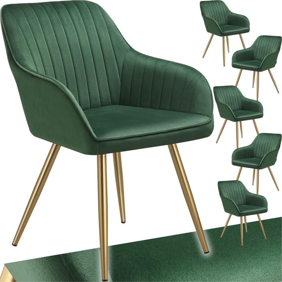 Tectake Eetkamerstoelen Marilyn Set van 6 Gestoffeerde Stoel in Fluweellook Doorgestikt Zwarte Stoelpoten Ergonomische Keukenstoel Doorlopende Rugleuning en Armleuningen Stoel voor Woonkamer Eetkamer Slaapkamer Groen