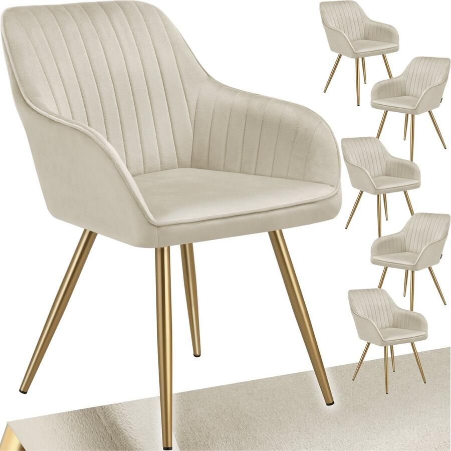 Tectake Eetkamerstoelen Marilyn Set van 6 Gestoffeerde Stoel in Fluweellook Doorgestikt Zwarte Stoelpoten Ergonomische Keukenstoel Doorlopende Rugleuning en Armleuningen Stoel voor Woonkamer Eetkamer Slaapkamer Creme