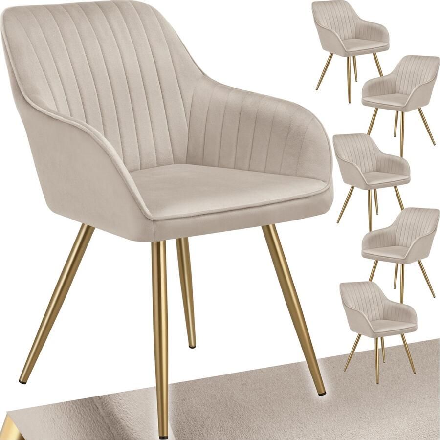 Tectake Eetkamerstoelen Marilyn Set van 6 Gestoffeerde Stoel in Fluweellook Doorgestikt Zwarte Stoelpoten Ergonomische Keukenstoel Doorlopende Rugleuning en Armleuningen Stoel voor Woonkamer Eetkamer Slaapkamer Taupe