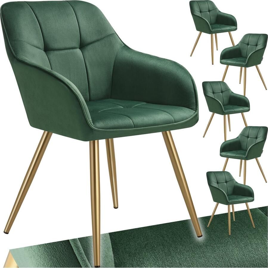 Tectake Eetkamerstoelen Marilyn Set van 6 Gestoffeerde Stoel in Fluweellook Gecaptioneerd Zwarte Stoelpoten Ergonomische Keukenstoel Doorlopende Rugleuning en Armleuningen Stoel voor Woonkamer Eetkamer Slaapkamer Groen
