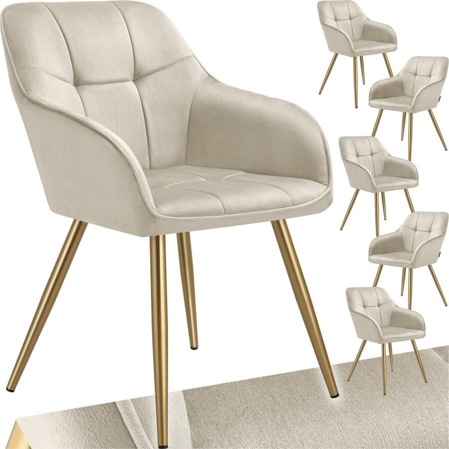 Tectake Eetkamerstoelen Marilyn Set van 6 Gestoffeerde Stoel in Fluweellook Gecaptioneerd Zwarte Stoelpoten Ergonomische Keukenstoel Doorlopende Rugleuning en Armleuningen Stoel voor Woonkamer Eetkamer Slaapkamer Creme