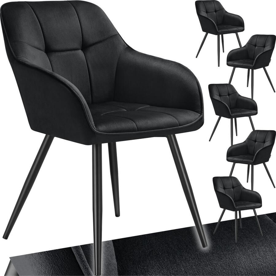 Tectake Eetkamerstoelen Marilyn Set van 6 Gestoffeerde Stoel in Fluweellook Stikpatroon Zwarte Stoelpoten Ergonomische Keukenstoel Doorlopende Rugleuning en Armleuningen Stoel voor Woonkamer Eetkamer Slaapkamer Zwart