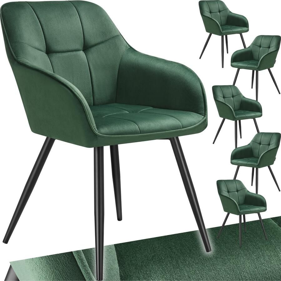 Tectake Eetkamerstoelen Marilyn Set van 6 Gestoffeerde Stoel in Fluweellook Stikpatroon Zwarte Stoelpoten Ergonomische Keukenstoel Doorlopende Rugleuning en Armleuningen Stoel voor Woonkamer Eetkamer Slaapkamer Donkergroen