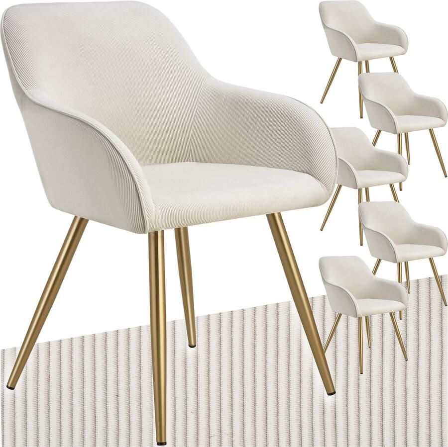 Tectake Eetkamerstoelen Marilyn Set van 6 Gestoffeerde Stoelen met Koordlook ribstof Gouden Stoelpoten Ergonomische Keukenstoel Stoel voor Eetkamer Woonkamer Slaapkamer Creme