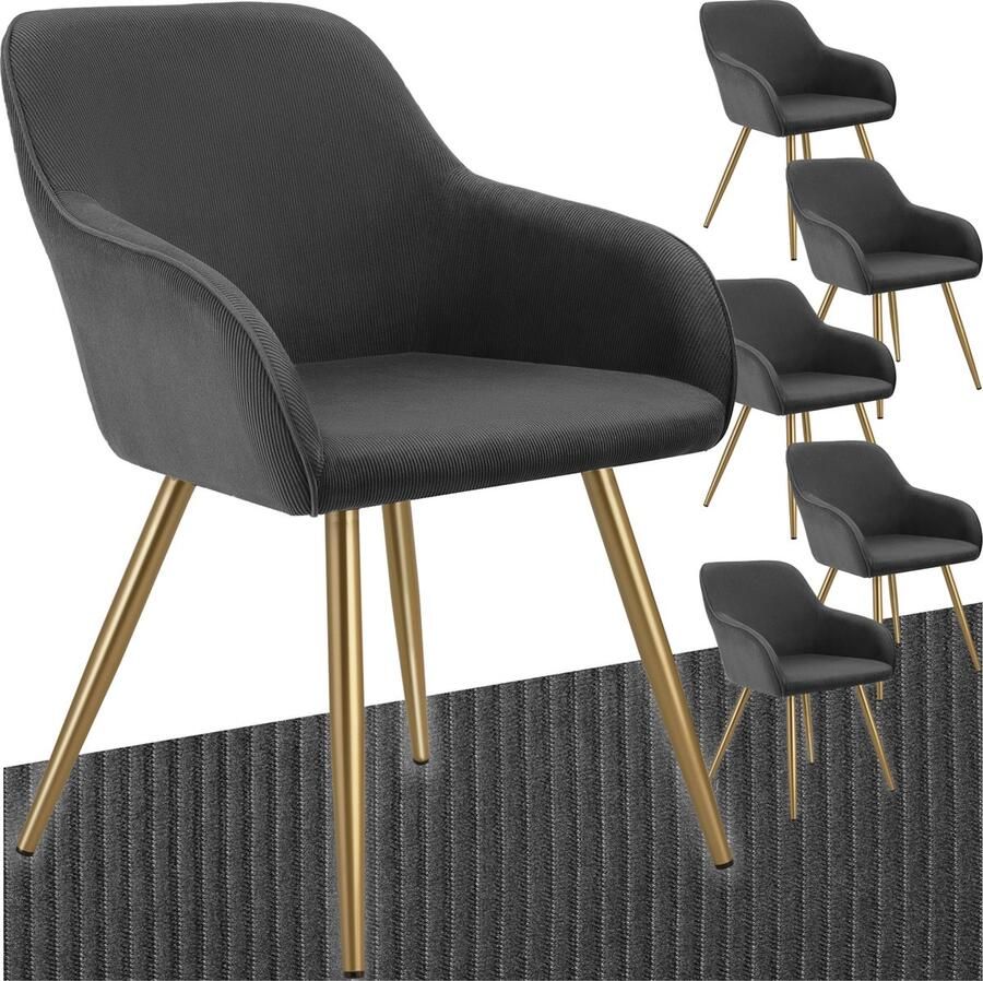 Tectake Eetkamerstoelen Marilyn Set van 6 Gestoffeerde Stoelen met Koordlook ribstof Gouden Stoelpoten Ergonomische Keukenstoel Stoel voor Eetkamer Woonkamer Slaapkamer Antraciet