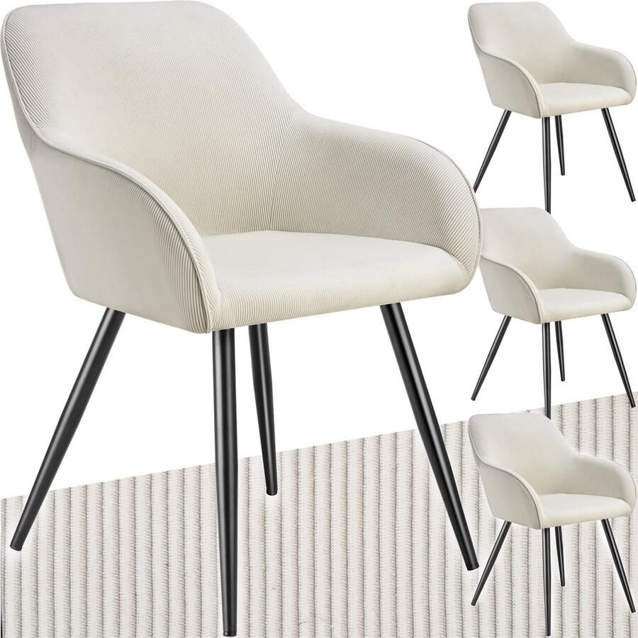 Tectake Eetkamerstoelen Marilyn Set van 6 Gestoffeerde Stoelen met Koordlook ribstof Zwarte Stoelpoten Ergonomische Keukenstoel Stoel voor Eetkamer Woonkamer Slaapkamer Creme