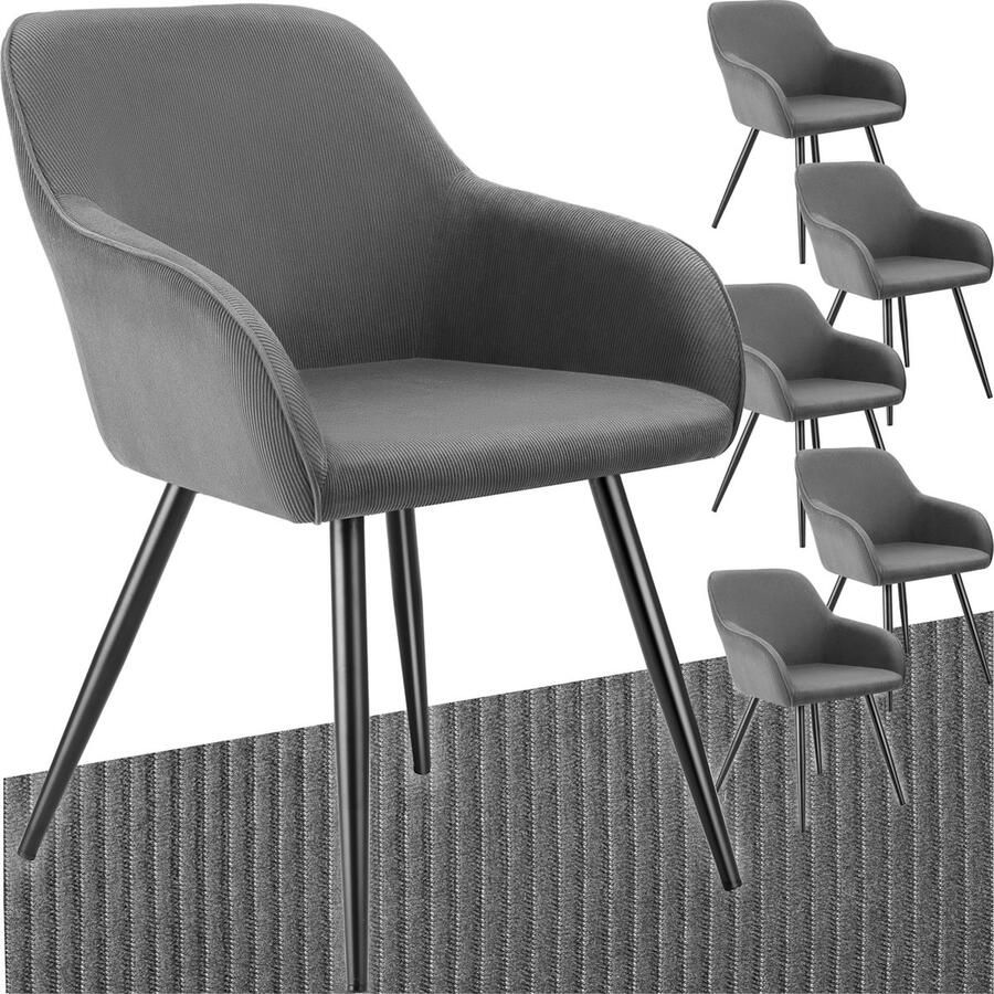 Tectake Eetkamerstoelen Marilyn Set van 6 Gestoffeerde Stoelen met Koordlook ribstof Zwarte Stoelpoten Ergonomische Keukenstoel Stoel voor Eetkamer Woonkamer Slaapkamer Grijs