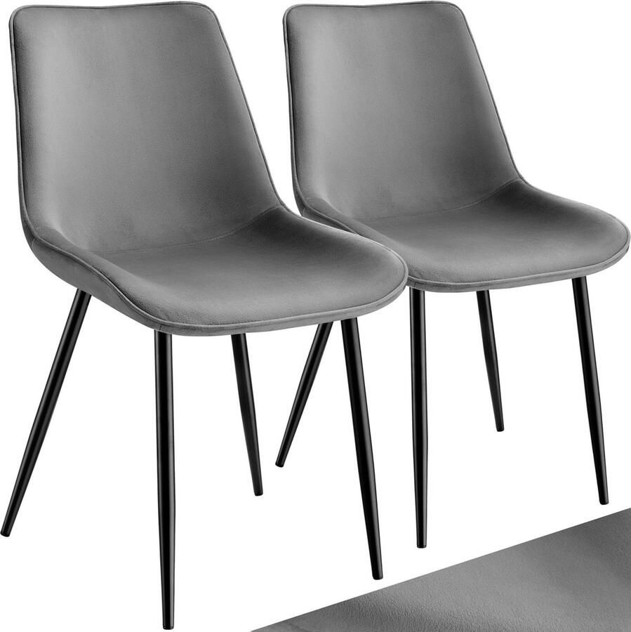 Tectake eetkamerstoelen set van 2 fluwelen gestoffeerde stoelen met rugleuning ergonomische woonkamerstoel met gevoerde fluwelen zitting comfortabele keukenstoel zwarte metalen poten grijs - Foto 3