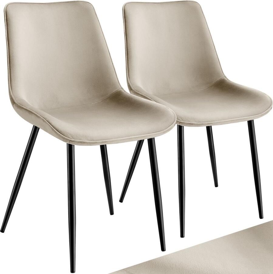 Tectake eetkamerstoelen set van 2 fluwelen gestoffeerde stoelen met rugleuning ergonomische woonkamerstoel met gevoerde fluwelen zitting comfortabele keukenstoel zwarte metalen poten creme - Foto 3
