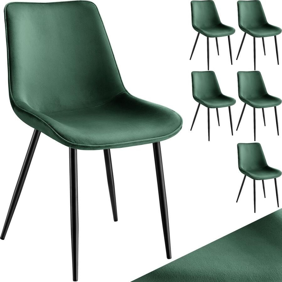 Tectake eetkamerstoelen set van 6 fluwelen gestoffeerde stoelen met rugleuning ergonomische woonkamerstoel met gevoerde fluwelen zitting comfortabele keukenstoel zwarte metalen poten donkergoen