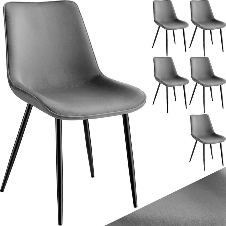 Tectake eetkamerstoelen set van 6 fluwelen gestoffeerde stoelen met rugleuning ergonomische woonkamerstoel met gevoerde fluwelen zitting comfortabele keukenstoel zwarte metalen poten grijs