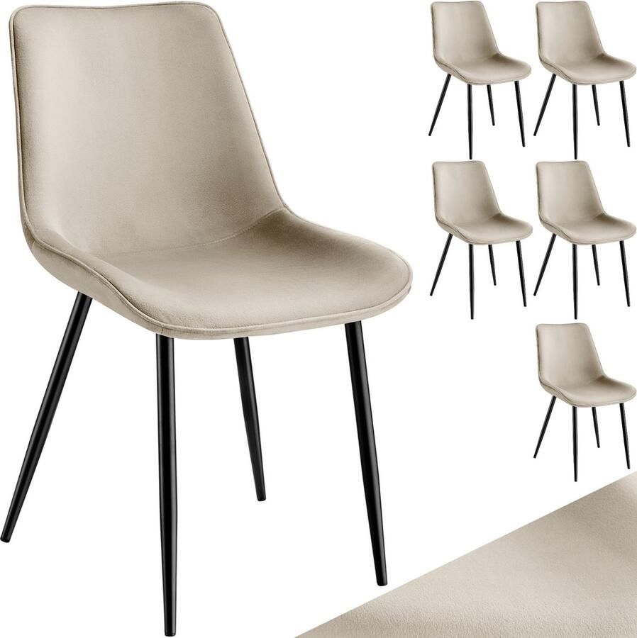 Tectake Eetkamerstoelen Set van 6 Fluwelen Stoffen Stoel met Rugleuning Ergonomische Eetkamerstoelen Comfortabele Keukenstoel Eetkamerstoel Cocktailstoel voor Lounge Eetkamer Keukentafel Crème