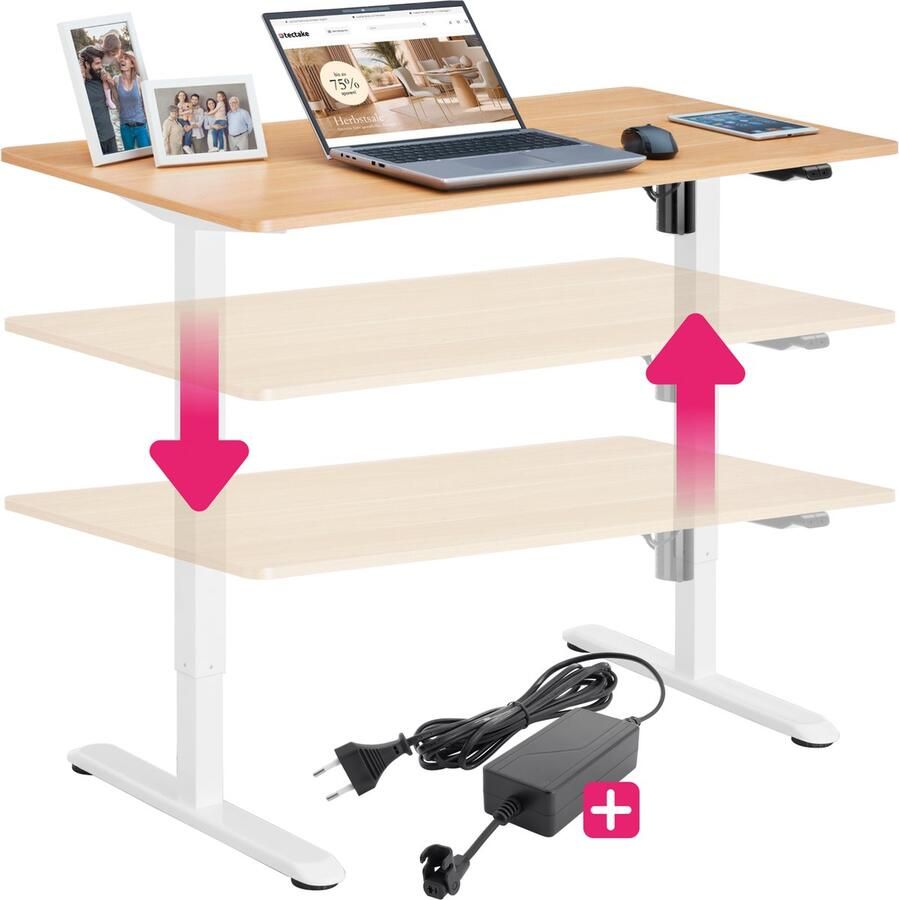 Tectake elektrisch in hoogte verstelbaar bureau bureauframe verstelbaar bureau voor sta-bureau pc-tafel gaming-opstelling ideaal voor studeerkamer en thuiskantoor Eiken Wit