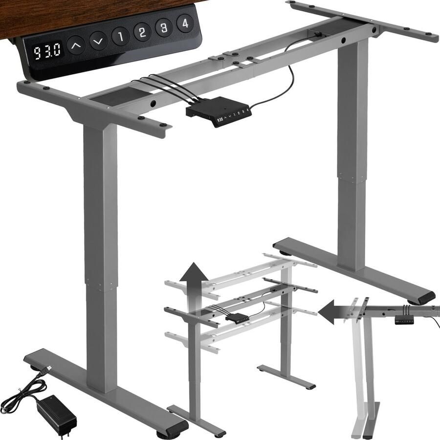 Tectake Elektrisch in hoogte verstelbaar bureauframe Metalen tafelframe Geheugenfunctie en stootbeveiliging 2 stille motoren Ideaal voor werk en gamen Zit sta bureau Draagkracht 100 kg Afmeting (LxBxH) 110-168 x 60 x 70-119 cm Grijs