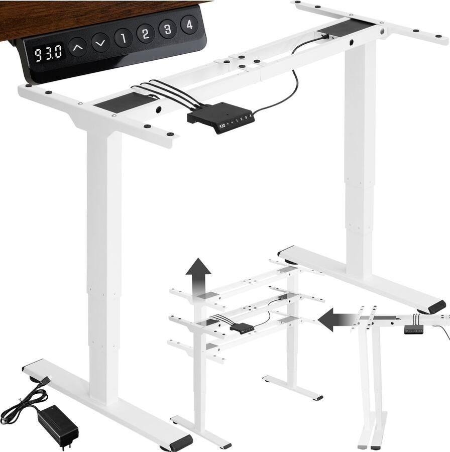 Tectake Elektrisch in hoogte verstelbaar bureauframe Metalen tafelframe Geheugenfunctie en stootbeveiliging 2 stille motoren Ideaal voor werk en gamen Zit sta bureau Draagkracht 100 kg Afmeting (LxBxH) 110-168 x 60 x 60-125 cm Wit