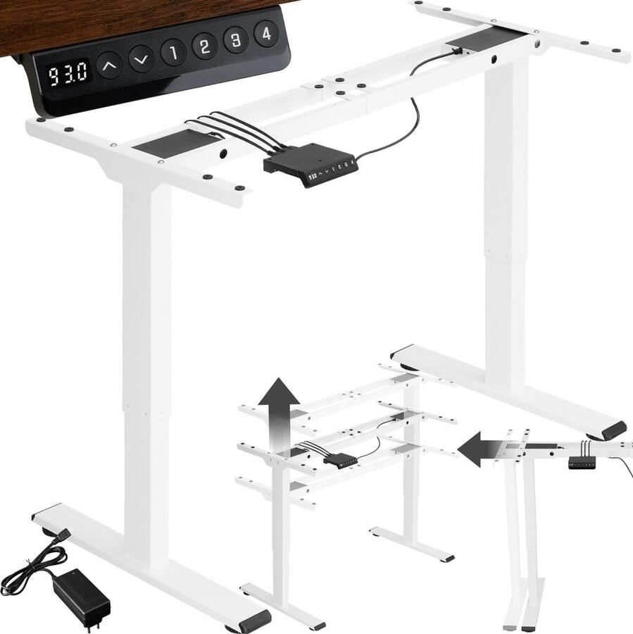 Tectake Elektrisch in hoogte verstelbaar bureauframe Metalen tafelframe Geheugenfunctie en stootbeveiliging 2 stille motoren Ideaal voor werk en gamen Zit sta bureau Draagkracht 100 kg Afmeting (LxBxH) 110-168 x 60 x 70-119 cm Wit