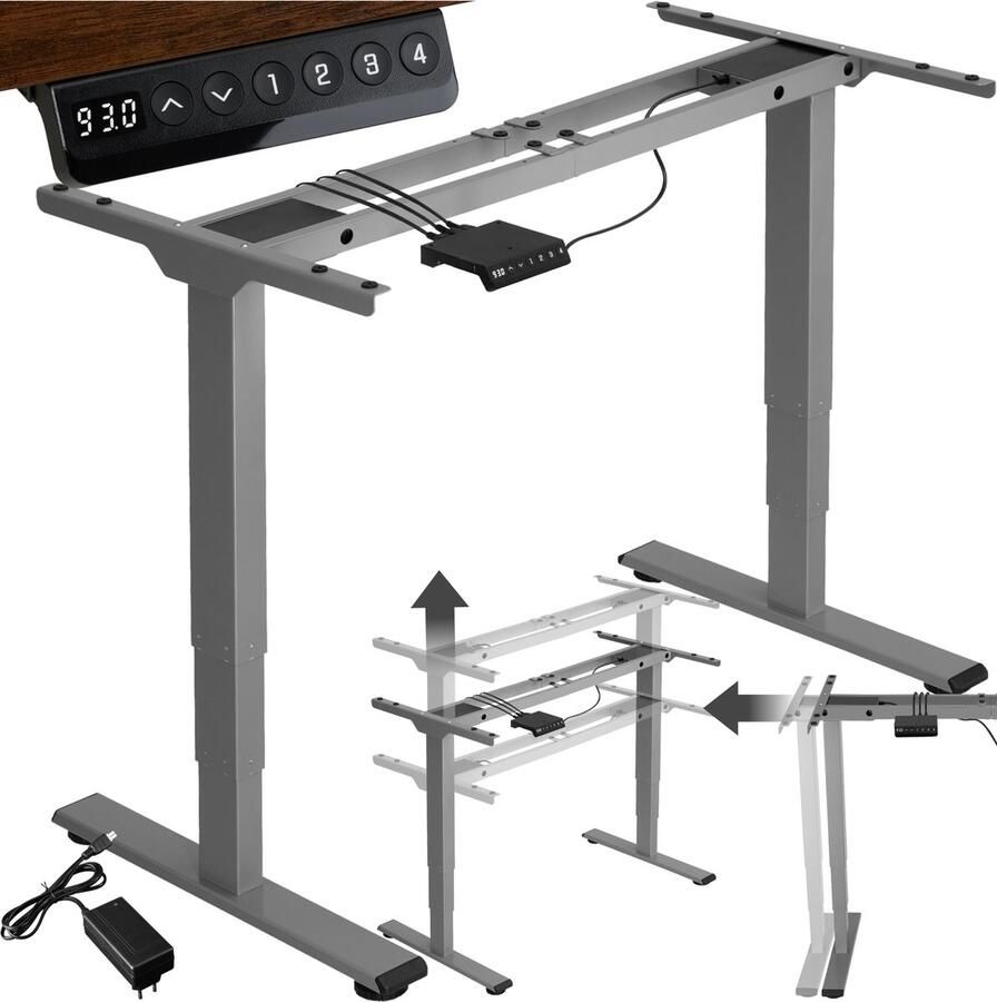 Tectake Elektrisch in hoogte verstelbaar bureauframe Metalen tafelframe Geheugenfunctie en stootbeveiliging 2 stille motoren Ideaal voor werk en gamen Zit sta bureau Draagkracht 100 kg Afmeting (LxBxH) 110-168 x 60 x 60-125 cm Grijs