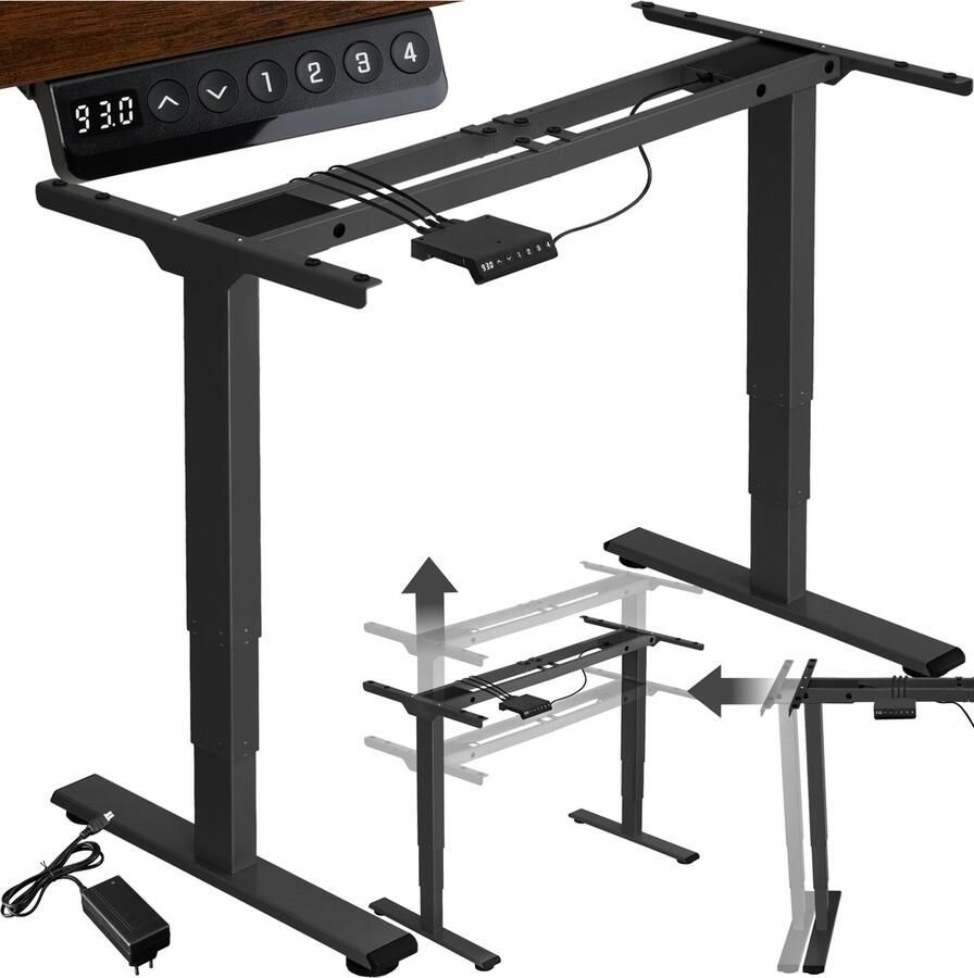 Tectake Elektrisch in hoogte verstelbaar bureauframe Metalen tafelframe Geheugenfunctie en stootbeveiliging 2 stille motoren Ideaal voor werk en gamen Zit sta bureau Draagkracht 100 kg Afmeting (LxBxH) 110-168 x 60 x 60-125 cm Zwart