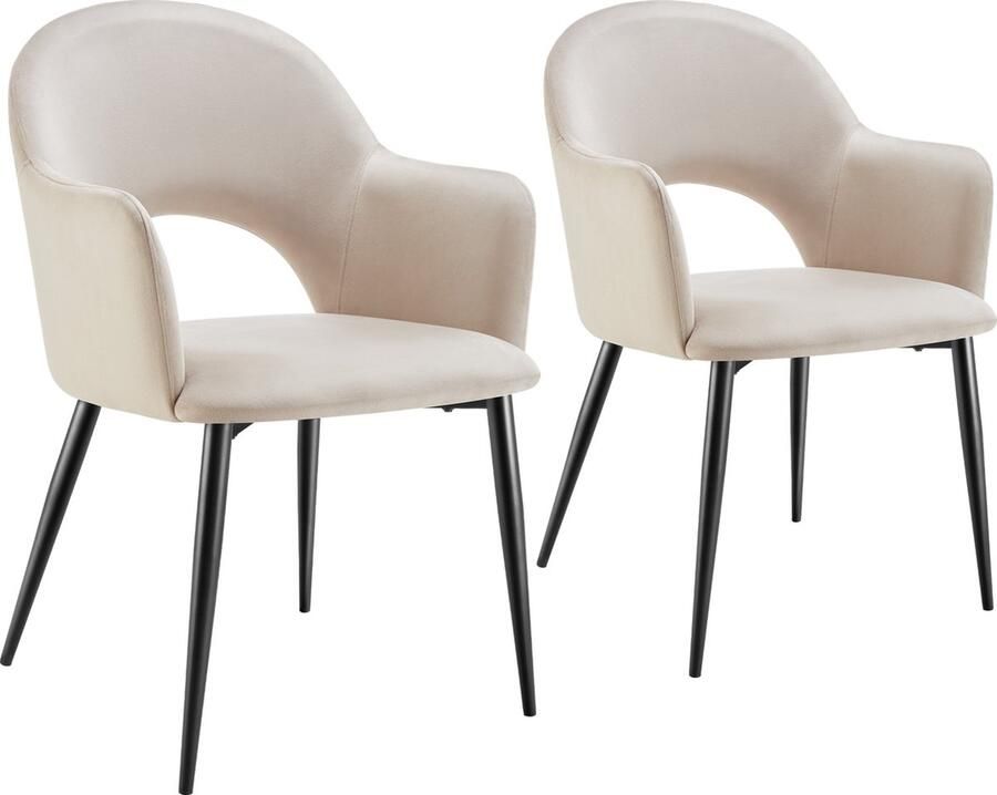 Tectake Set van 2 Eetkamerstoelen Sachel Fluweellook Gestoffeerde Fauteuils Keukenstoel Ergonomische Stoelen voor Woonkamer en Keuken Eetkamerstoel met Armleuning 120 kg Draagkracht per Stoel Creme - Foto 3