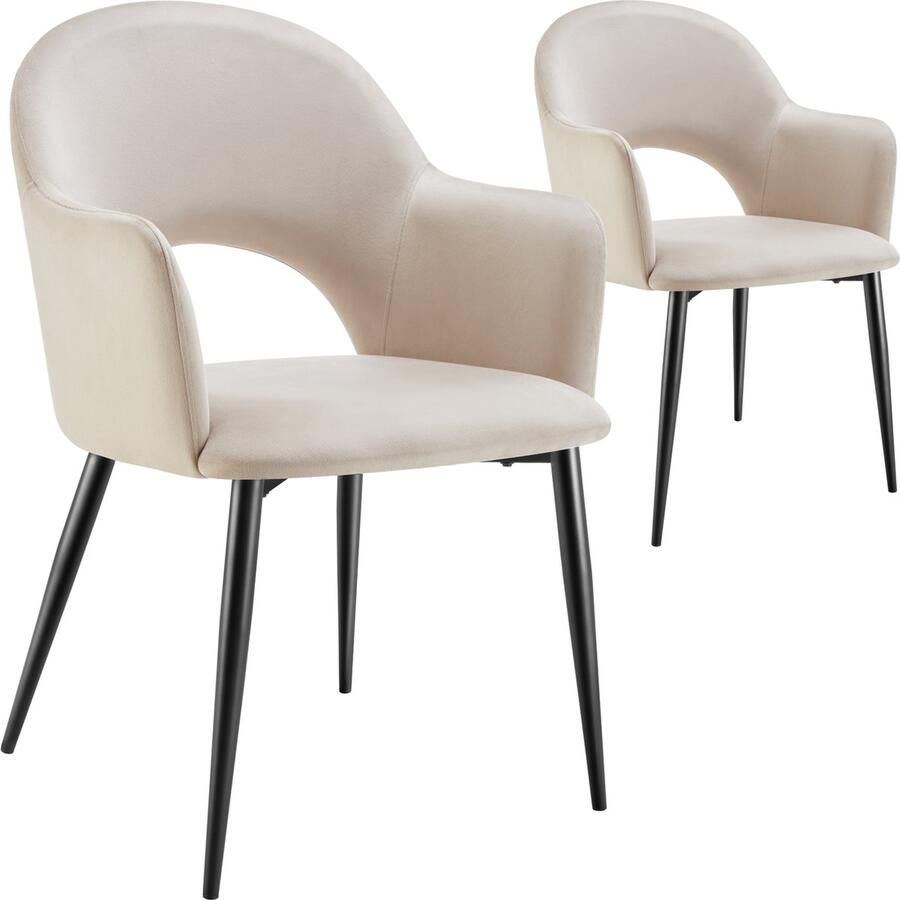 Tectake Set van 2 Eetkamerstoelen Sachel Fluweellook Gestoffeerde Fauteuils Keukenstoel Ergonomische Stoelen voor Woonkamer en Keuken Eetkamerstoel met Armleuning 120 kg Draagkracht per Stoel Creme