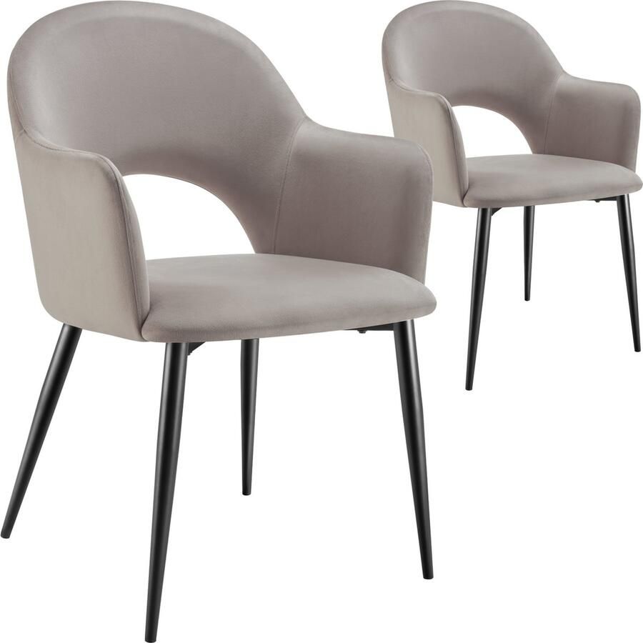 Tectake Set van 2 Eetkamerstoelen Sachel Fluweellook Gestoffeerde Fauteuils Keukenstoel Ergonomische Stoelen voor Woonkamer en Keuken Eetkamerstoel met Armleuning 120 kg Draagkracht per Stoel Taupe