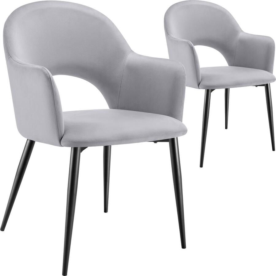 Tectake Set van 2 Eetkamerstoelen Sachel Fluweellook Gestoffeerde Fauteuils Keukenstoel Ergonomische Stoelen voor Woonkamer en Keuken Eetkamerstoel met Armleuning 120 kg Draagkracht per Stoel Lichtgrijs