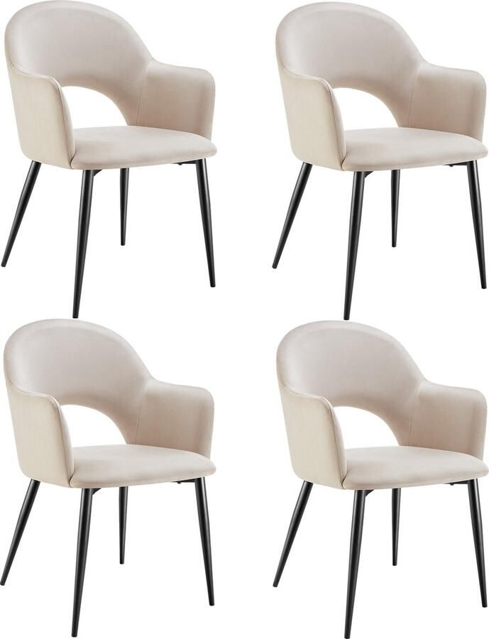 Tectake Set van 4 Eetkamerstoelen Sachel Fluweellook Gestoffeerde Fauteuils Keukenstoel Ergonomische Stoelen voor Woonkamer en Keuken Eetkamerstoel met Armleuning 120 kg Draagkracht per Stoel Creme - Foto 2