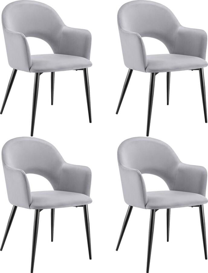 Tectake Set van 4 Eetkamerstoelen Sachel Fluweellook Gestoffeerde Fauteuils Keukenstoel Ergonomische Stoelen voor Woonkamer en Keuken Eetkamerstoel met Armleuning 120 kg Draagkracht per Stoel Lichtgrijs - Foto 2