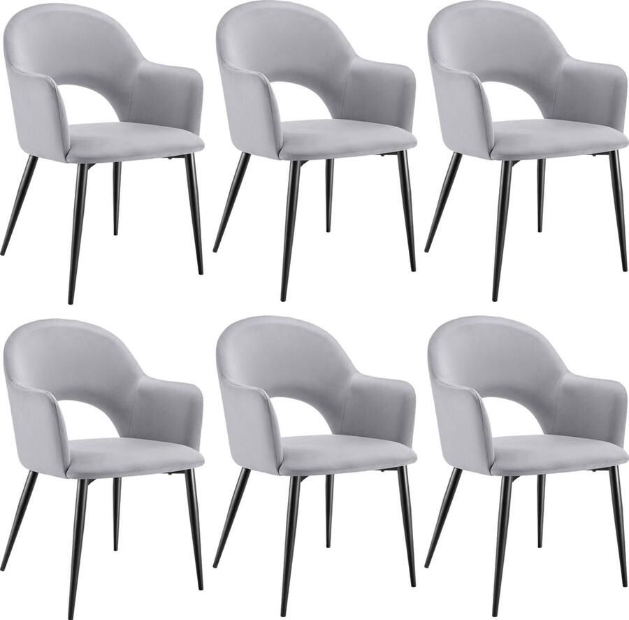 Tectake Set van 6 Eetkamerstoelen Sachel Fluweellook Gestoffeerde Fauteuils Keukenstoel Ergonomische Stoelen voor Woonkamer en Keuken Eetkamerstoel met Armleuning 120 kg Draagkracht per Stoel Lichtgrijs - Foto 2