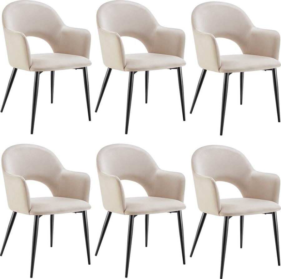 Tectake Set van 6 Eetkamerstoelen Sachel Fluweellook Gestoffeerde Fauteuils Keukenstoel Ergonomische Stoelen voor Woonkamer en Keuken Eetkamerstoel met Armleuning 120 kg Draagkracht per Stoel Creme - Foto 2