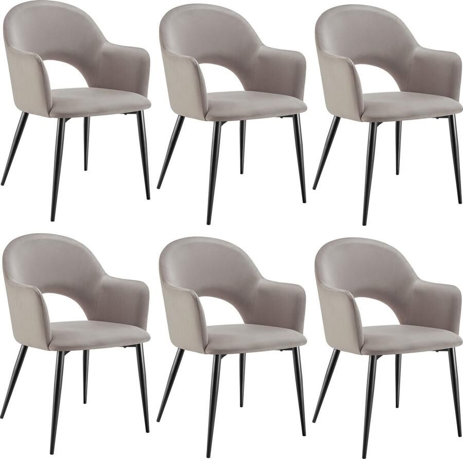 Tectake Set van 6 Eetkamerstoelen Sachel Fluweellook Gestoffeerde Fauteuils Keukenstoel Ergonomische Stoelen voor Woonkamer en Keuken Eetkamerstoel met Armleuning 120 kg Draagkracht per Stoel Taupe - Foto 2