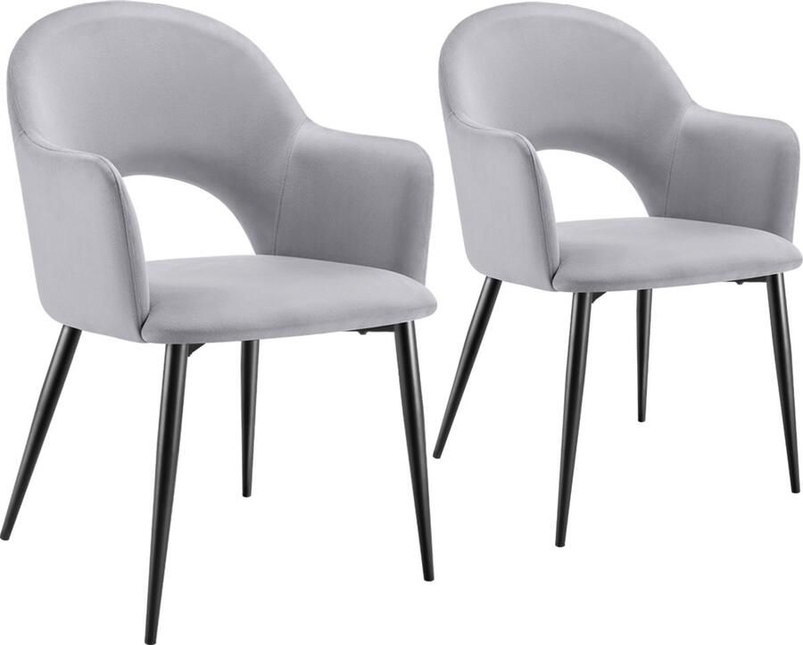 Tectake Set van 2 Eetkamerstoelen Sachel Fluweellook Gestoffeerde Fauteuils Keukenstoel Ergonomische Stoelen voor Woonkamer en Keuken Eetkamerstoel met Armleuning 120 kg Draagkracht per Stoel Lichtgrijs - Foto 3