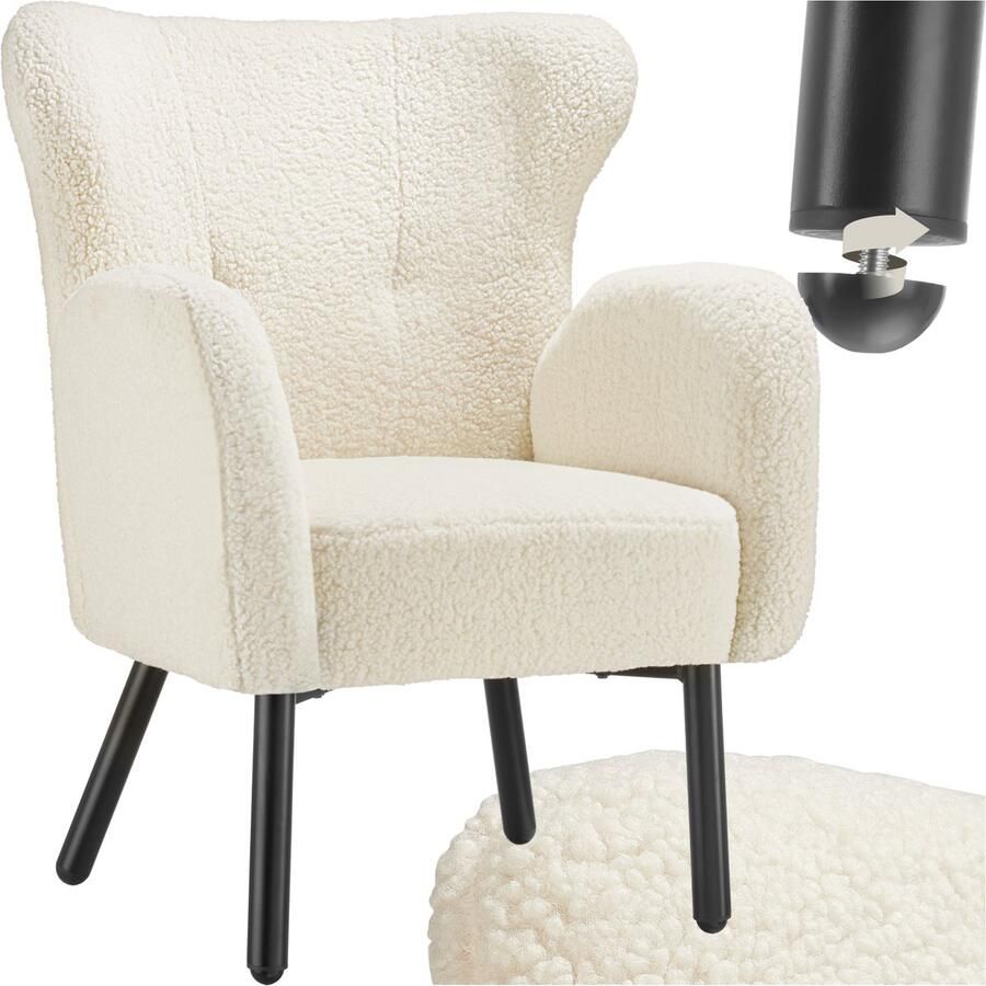 Tectake Fauteuil Vänersborg Dik gestoffeerde relaxstoel met bouclé-bekleding Lounge stoel met brede armleuningen en ergonomische rugleuning In hoogte vertelbare poten met vloerbescherming Beige crème