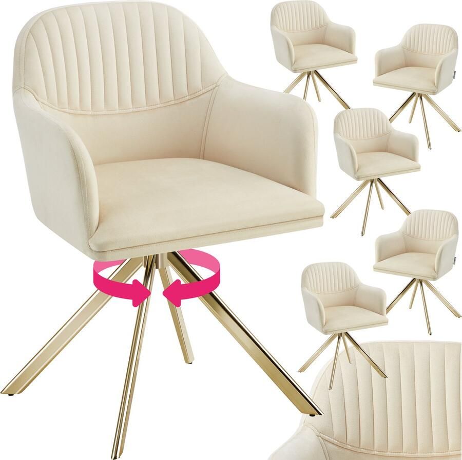 Tectake Fluwelen draaistoel Bureaustoel Eetkamerstoel met armleuningen Fluwelen bureaustoel keukenstoel woonkamerstoel 56 x 59 x 81 cm Set van 6 Creme goud