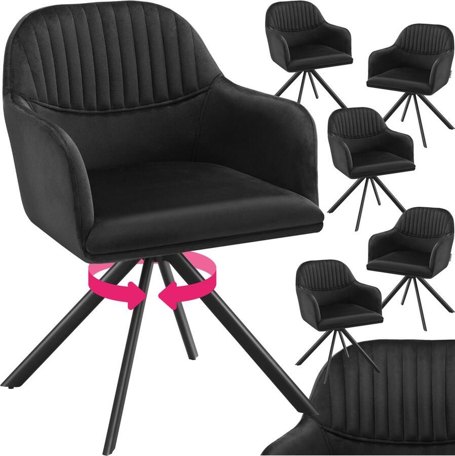 Tectake Fluwelen draaistoel Bureaustoel Eetkamerstoel met armleuningen Fluwelen bureaustoel keukenstoel woonkamerstoel 56 x 59 x 81 cm Set van 6 Zwart zwart