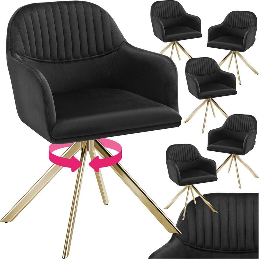 Tectake Fluwelen draaistoel Bureaustoel Eetkamerstoel met armleuningen Fluwelen bureaustoel keukenstoel woonkamerstoel 56 x 59 x 81 cm Set van 6 Zwart goud