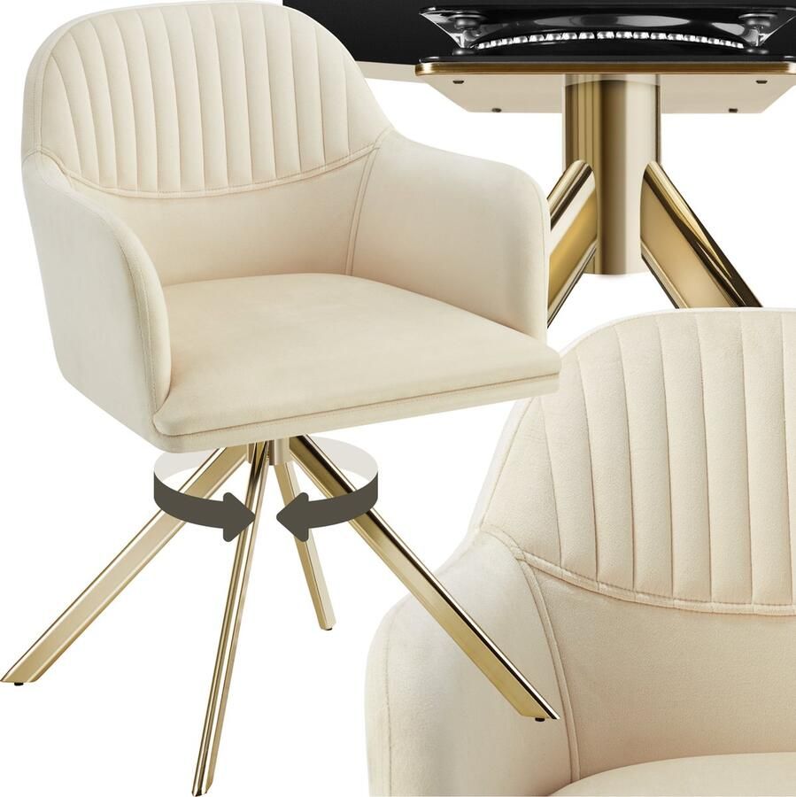 Tectake Fluwelen Draaistoel Creme Goud Bureaustoel en Eetkamerstoel met Armleuningen Fluwelen Bureaustoel Keukenstoel Woonkamerstoel 56 x 59 x 81 cm