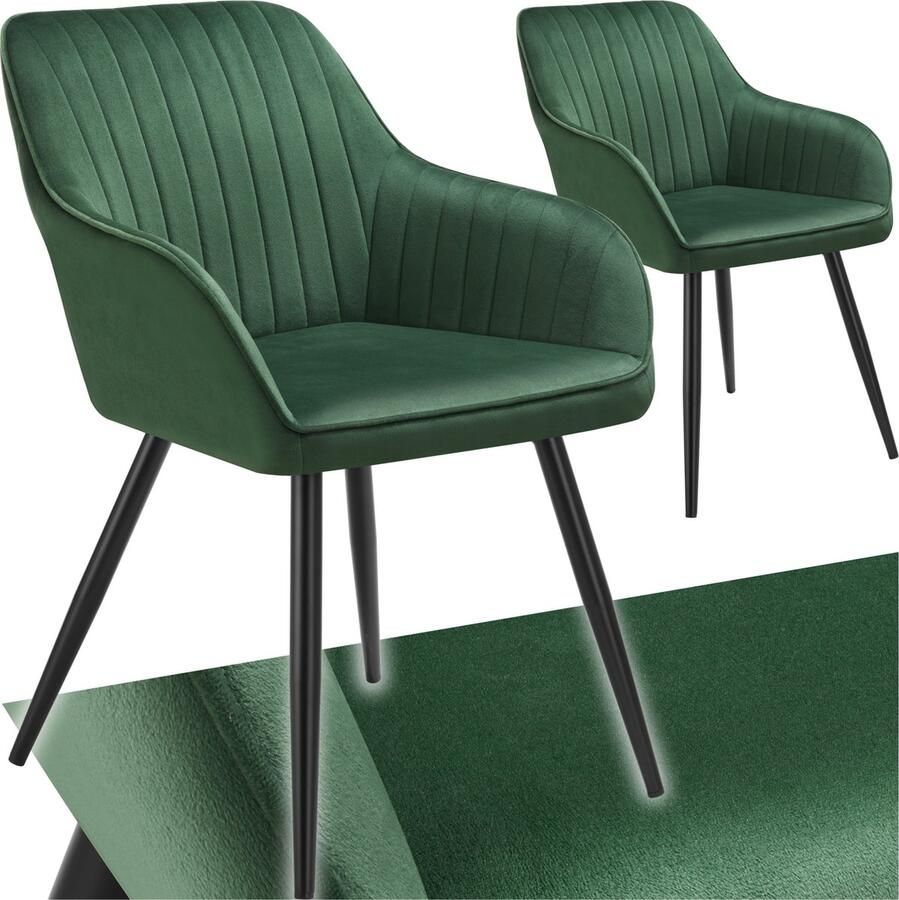 Tectake Fluwelen stoel met gestikt patroon Set van 2 Eetkamerstoel in fluweelstof Moderne fauteuil Woonkamer eetkamer lounge of kaptafelstoel Div. kleuren Donkergroen zwart